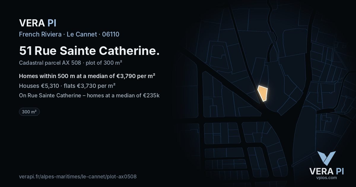 51 Rue Sainte Catherine, Le Cannet at night – the plot lit, the parcels around coloured by the prices near them