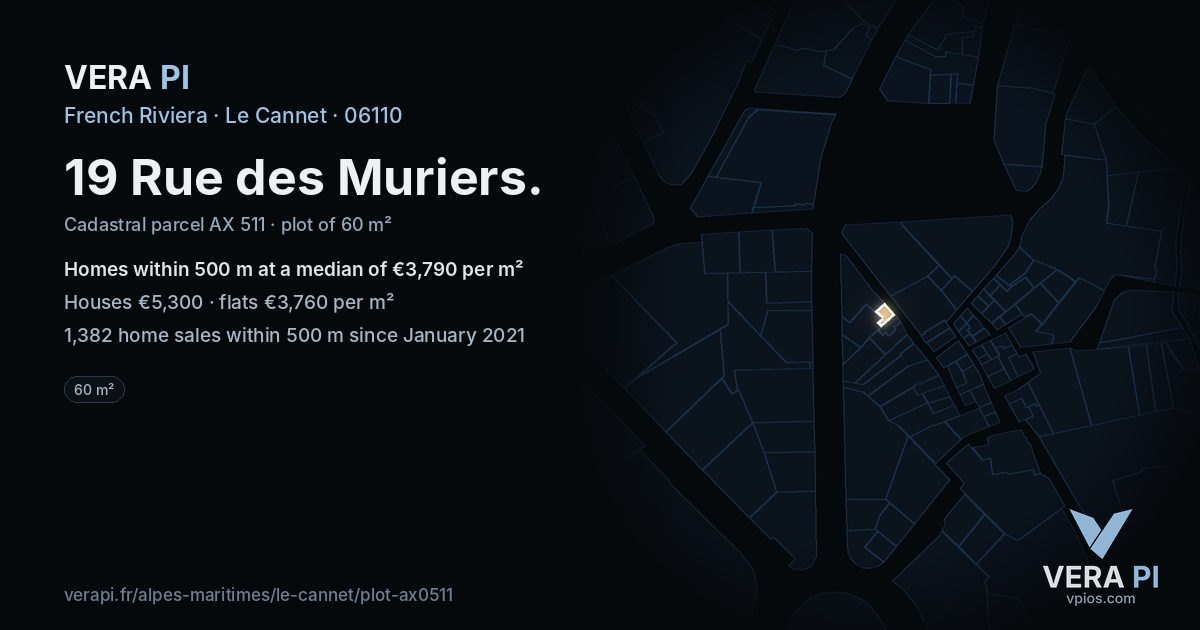 19 Rue des Muriers, Le Cannet at night – the plot lit, the parcels around coloured by the prices near them