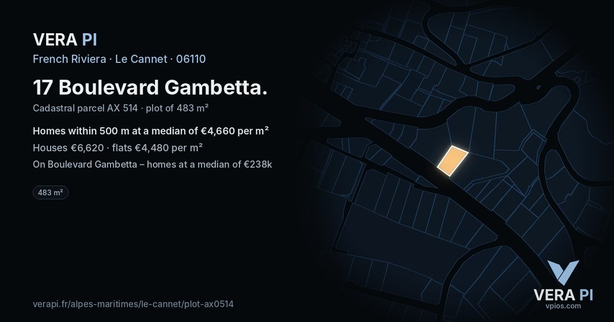 17 Boulevard Gambetta, Le Cannet at night – the plot lit, the parcels around coloured by the prices near them