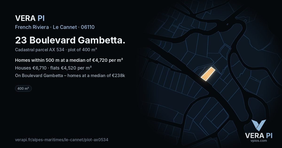 23 Boulevard Gambetta, Le Cannet at night – the plot lit, the parcels around coloured by the prices near them