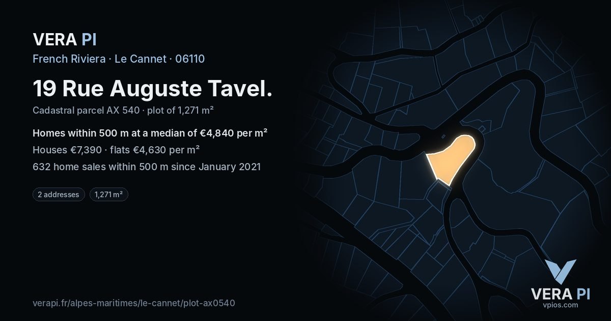 19 Rue Auguste Tavel, Le Cannet at night – the plot lit, the parcels around coloured by the prices near them