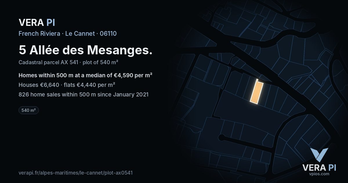 5 Allée des Mesanges, Le Cannet at night – the plot lit, the parcels around coloured by the prices near them