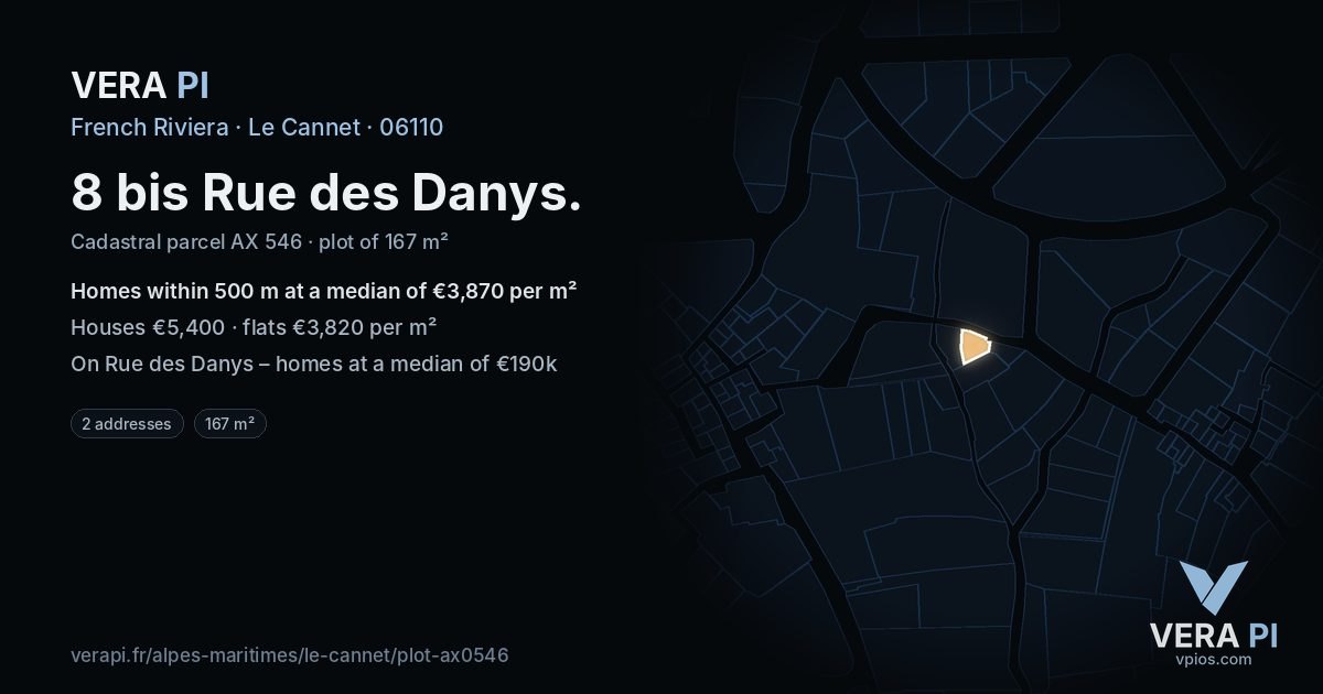 8 bis Rue des Danys, Le Cannet at night – the plot lit, the parcels around coloured by the prices near them