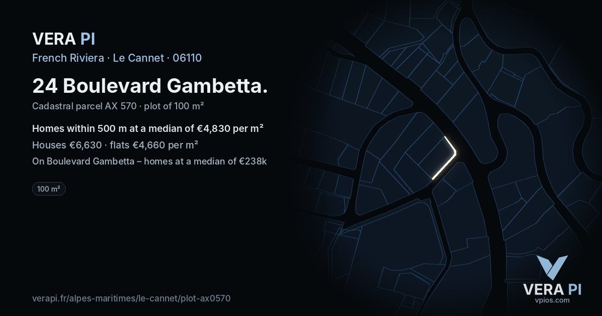 24 Boulevard Gambetta, Le Cannet at night – the plot lit, the parcels around coloured by the prices near them