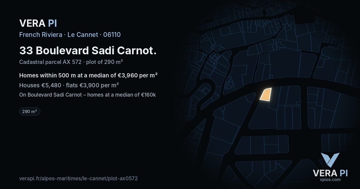 33 Boulevard Sadi Carnot, Le Cannet at night – the plot lit, the parcels around coloured by the prices near them