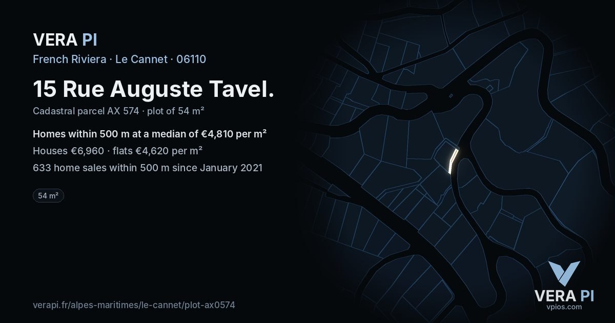 15 Rue Auguste Tavel, Le Cannet at night – the plot lit, the parcels around coloured by the prices near them