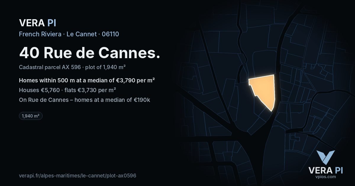40 Rue de Cannes, Le Cannet at night – the plot lit, the parcels around coloured by the prices near them