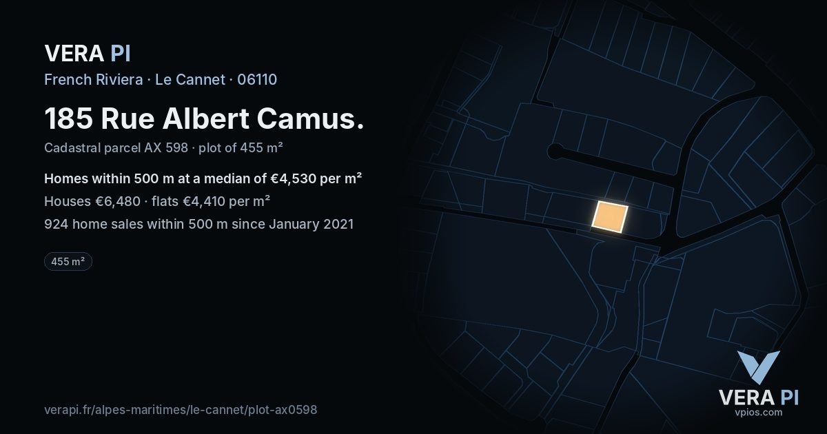 185 Rue Albert Camus, Le Cannet at night – the plot lit, the parcels around coloured by the prices near them