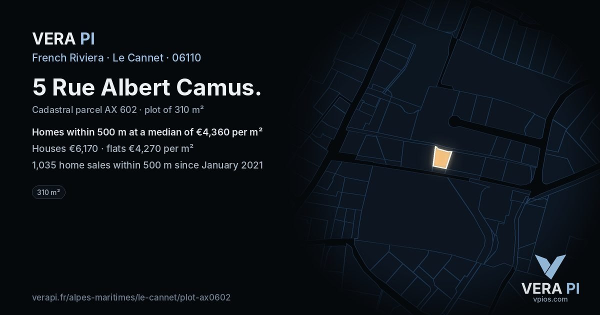 5 Rue Albert Camus, Le Cannet at night – the plot lit, the parcels around coloured by the prices near them