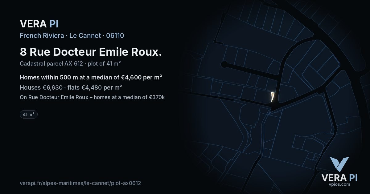 8 Rue Docteur Emile Roux, Le Cannet at night – the plot lit, the parcels around coloured by the prices near them