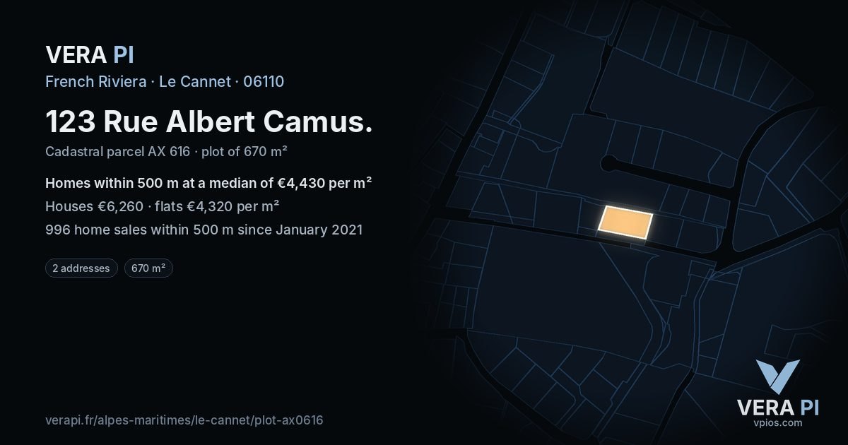 123 Rue Albert Camus, Le Cannet at night – the plot lit, the parcels around coloured by the prices near them