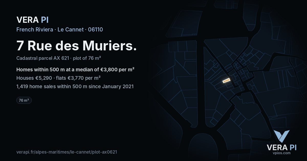 7 Rue des Muriers, Le Cannet at night – the plot lit, the parcels around coloured by the prices near them