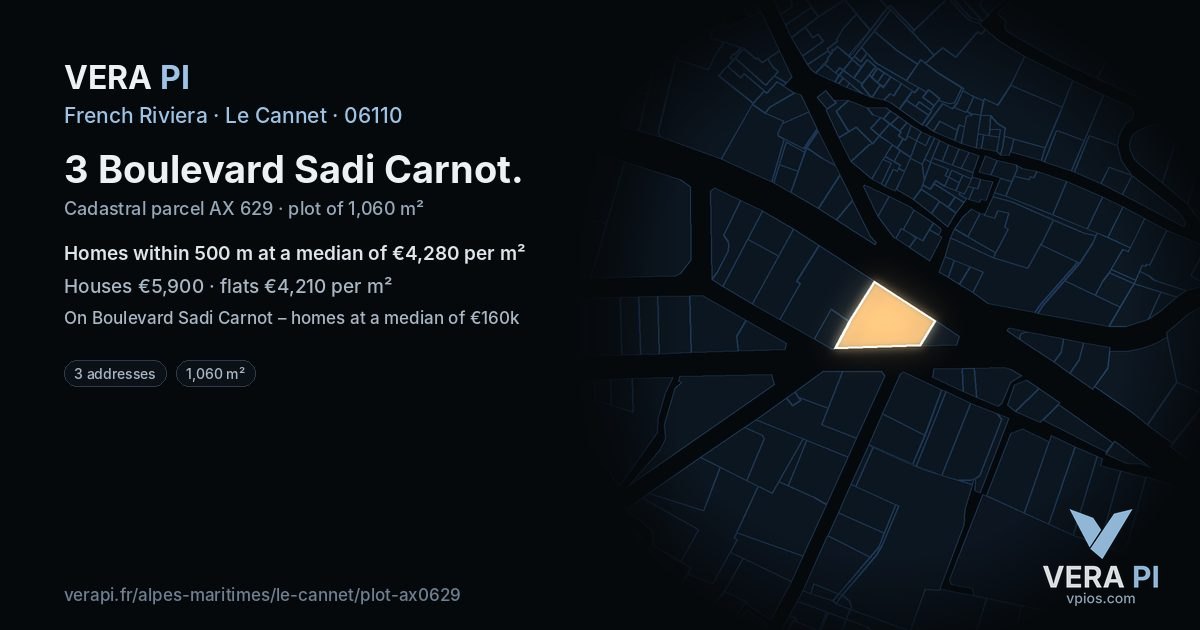 3 Boulevard Sadi Carnot, Le Cannet at night – the plot lit, the parcels around coloured by the prices near them