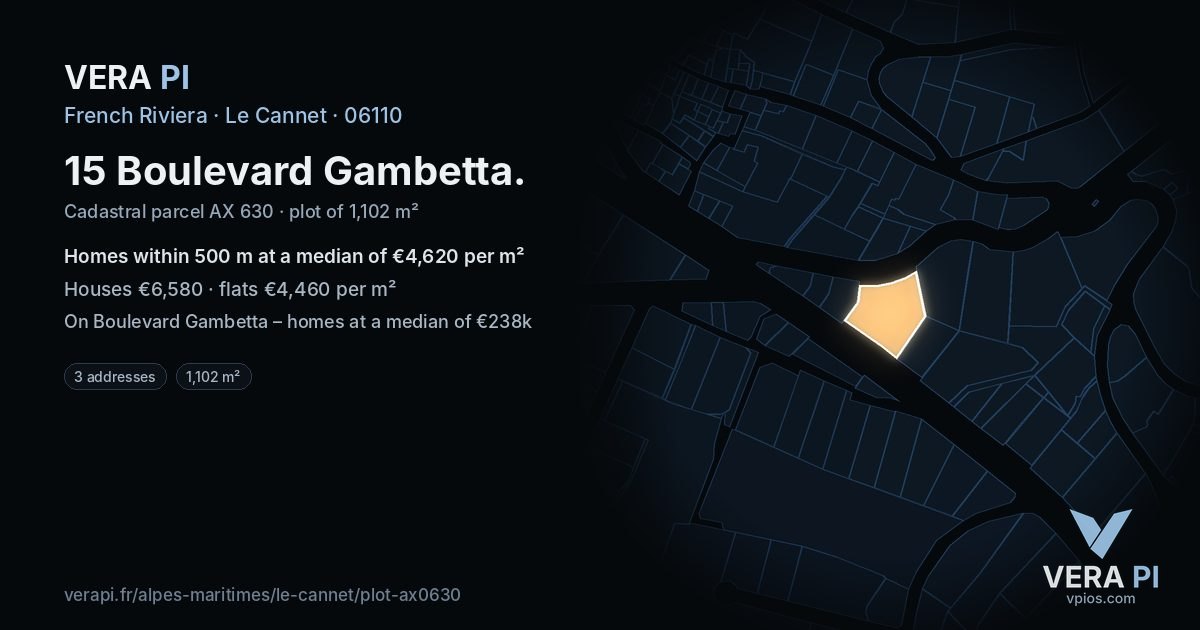 15 Boulevard Gambetta, Le Cannet at night – the plot lit, the parcels around coloured by the prices near them
