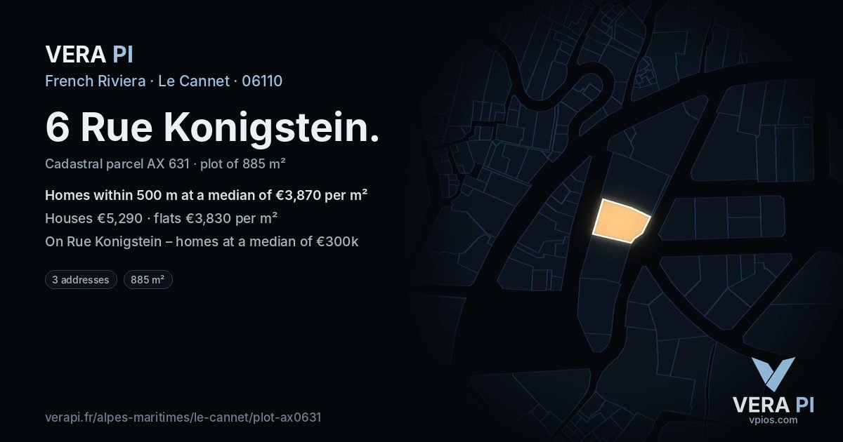 6 Rue Konigstein, Le Cannet at night – the plot lit, the parcels around coloured by the prices near them