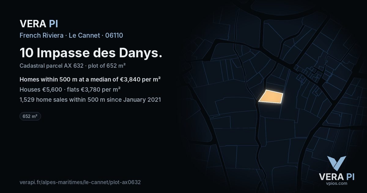 10 Impasse des Danys, Le Cannet at night – the plot lit, the parcels around coloured by the prices near them