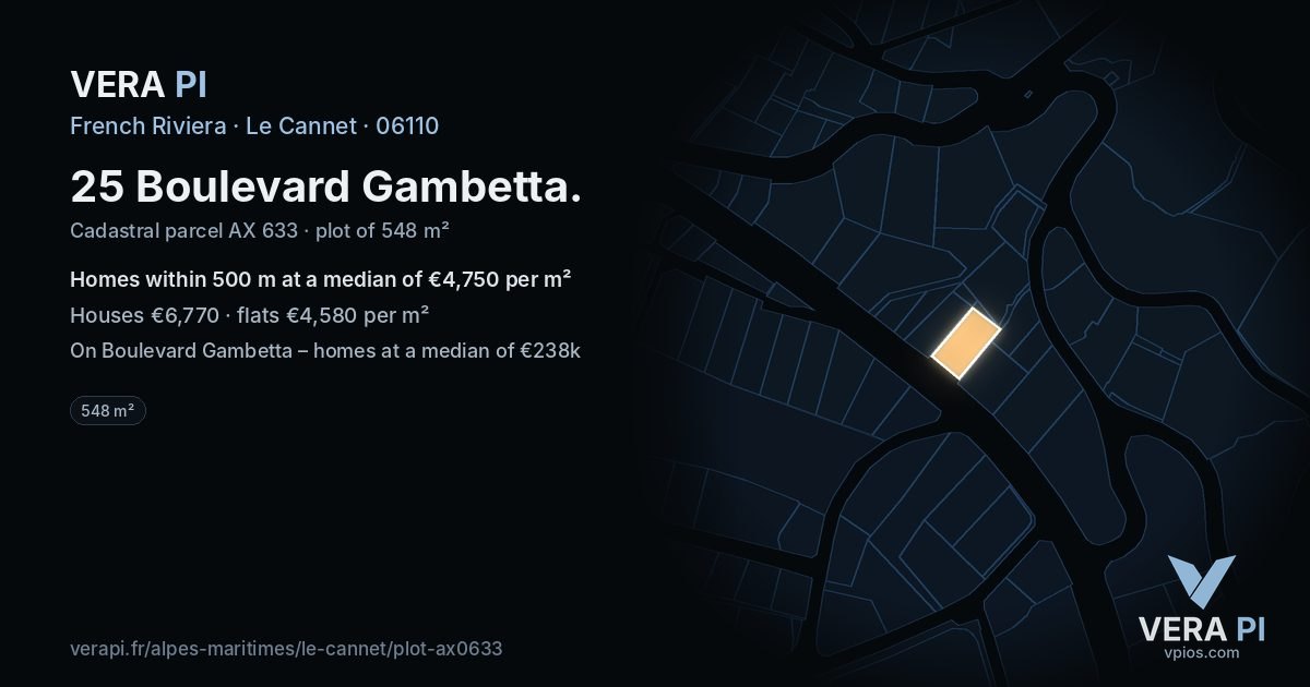 25 Boulevard Gambetta, Le Cannet at night – the plot lit, the parcels around coloured by the prices near them