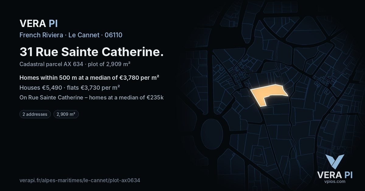 31 Rue Sainte Catherine, Le Cannet at night – the plot lit, the parcels around coloured by the prices near them