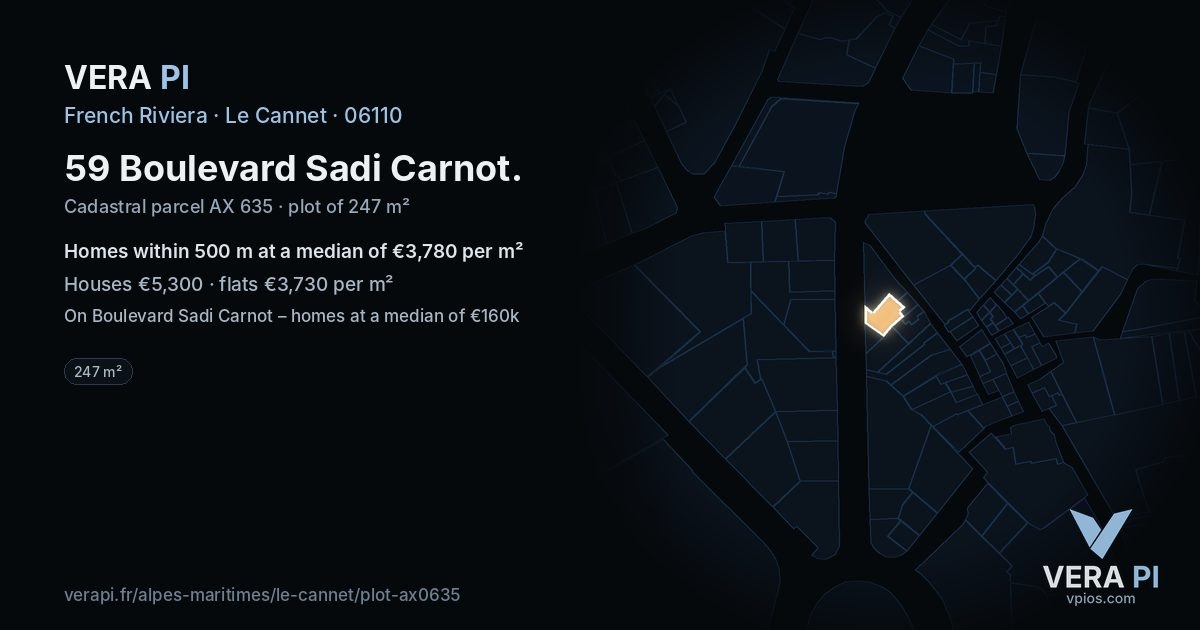 59 Boulevard Sadi Carnot, Le Cannet at night – the plot lit, the parcels around coloured by the prices near them
