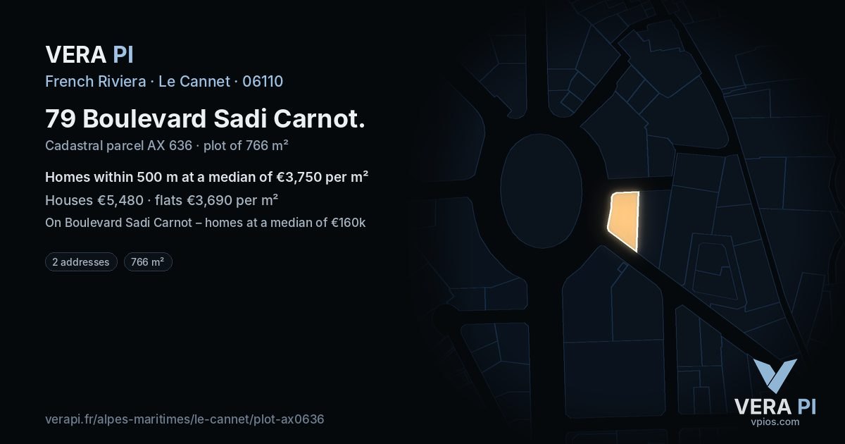 79 Boulevard Sadi Carnot, Le Cannet at night – the plot lit, the parcels around coloured by the prices near them