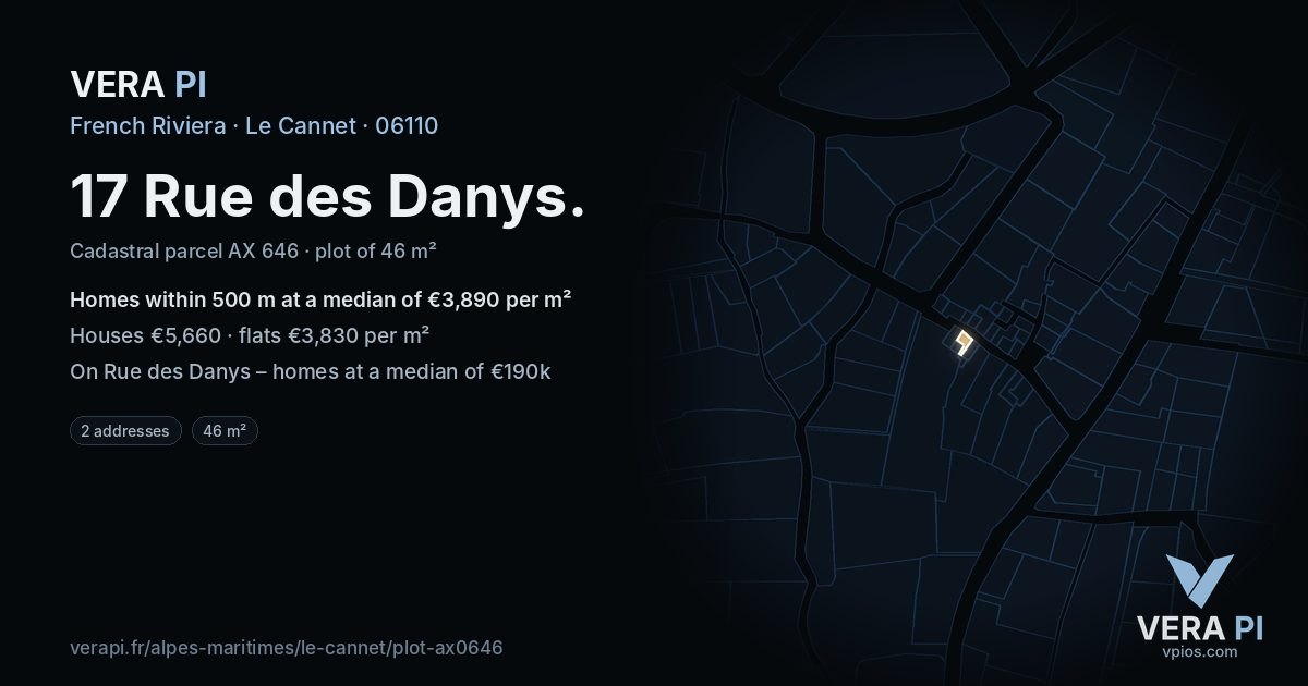 17 Rue des Danys, Le Cannet at night – the plot lit, the parcels around coloured by the prices near them