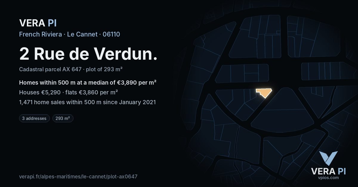 2 Rue de Verdun, Le Cannet at night – the plot lit, the parcels around coloured by the prices near them