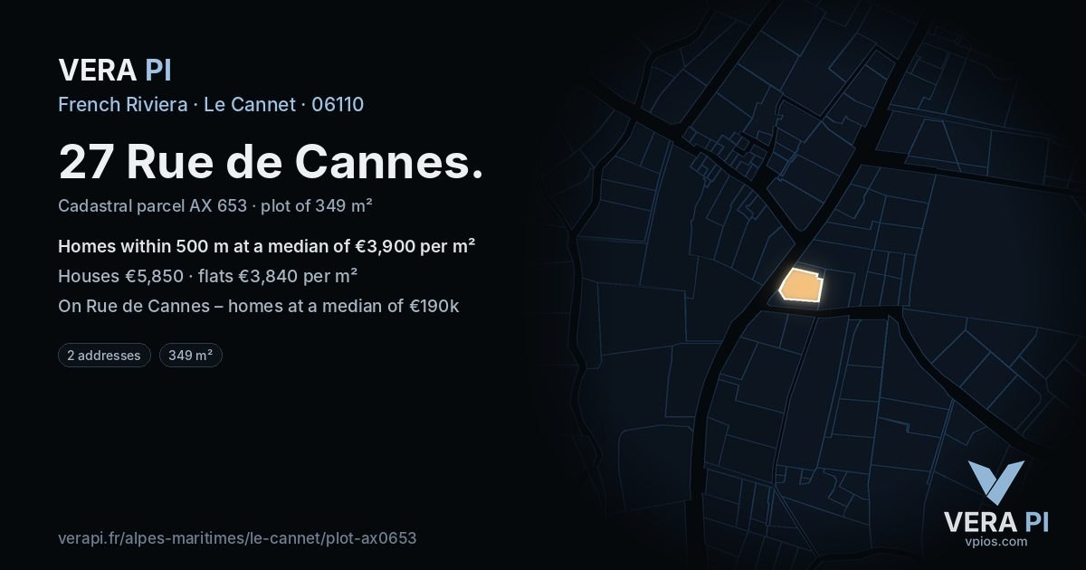 27 Rue de Cannes, Le Cannet at night – the plot lit, the parcels around coloured by the prices near them