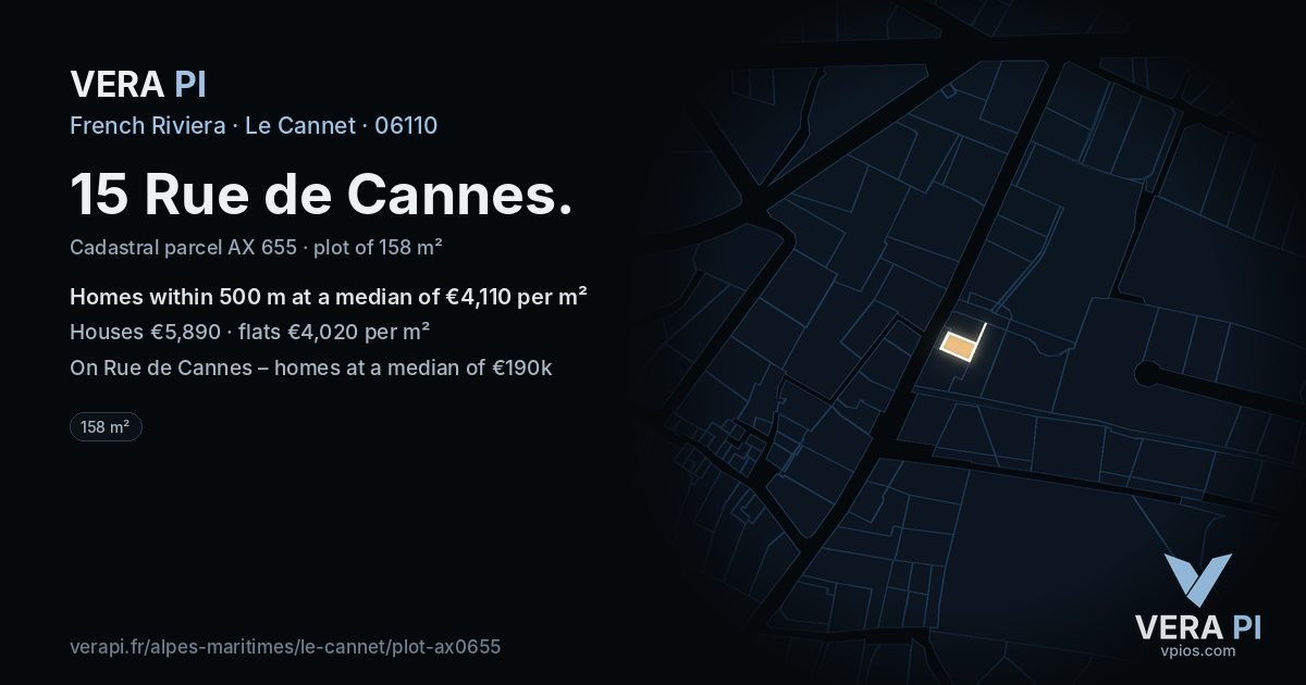 15 Rue de Cannes, Le Cannet at night – the plot lit, the parcels around coloured by the prices near them