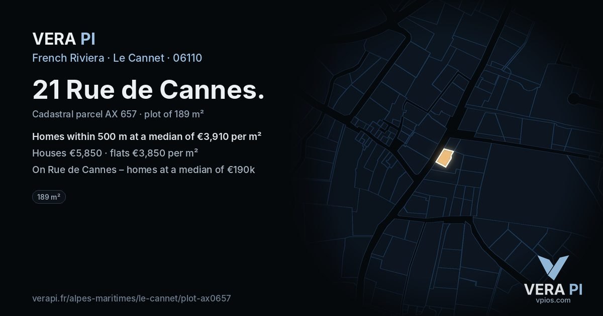 21 Rue de Cannes, Le Cannet at night – the plot lit, the parcels around coloured by the prices near them
