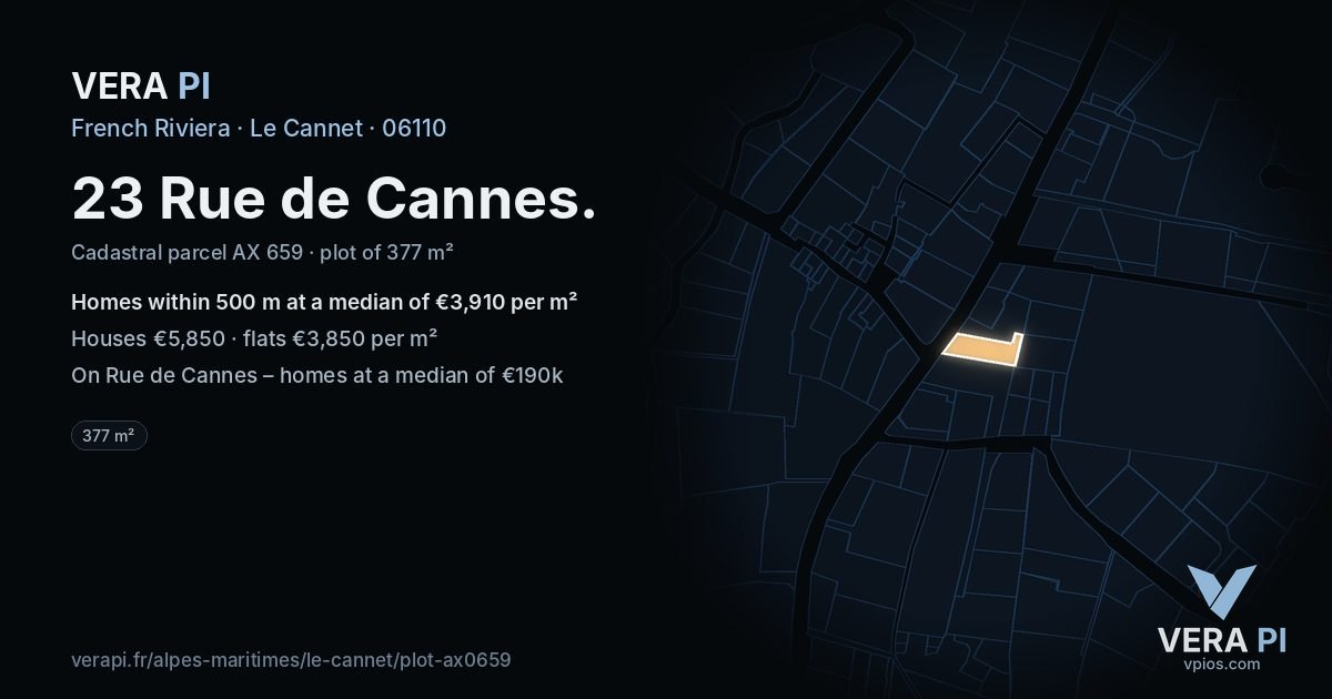 23 Rue de Cannes, Le Cannet at night – the plot lit, the parcels around coloured by the prices near them