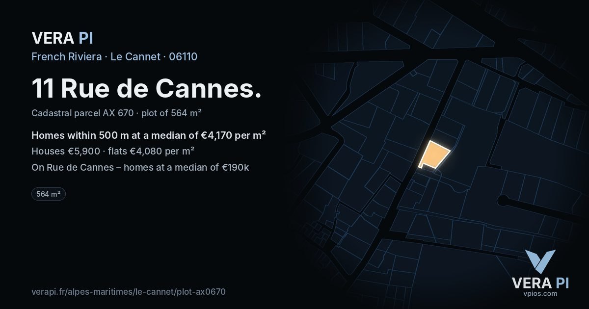11 Rue de Cannes, Le Cannet at night – the plot lit, the parcels around coloured by the prices near them