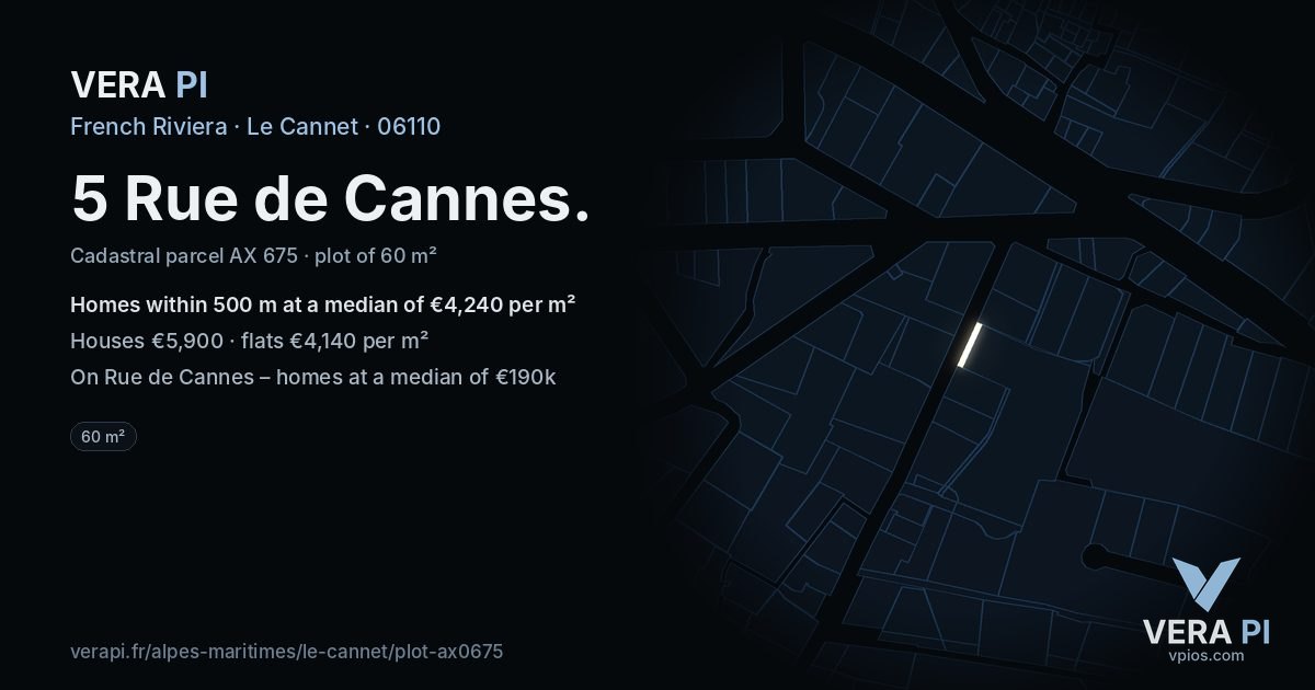 5 Rue de Cannes, Le Cannet at night – the plot lit, the parcels around coloured by the prices near them