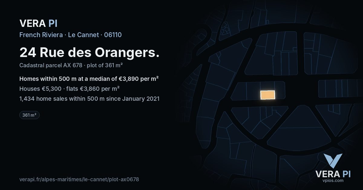 24 Rue des Orangers, Le Cannet at night – the plot lit, the parcels around coloured by the prices near them