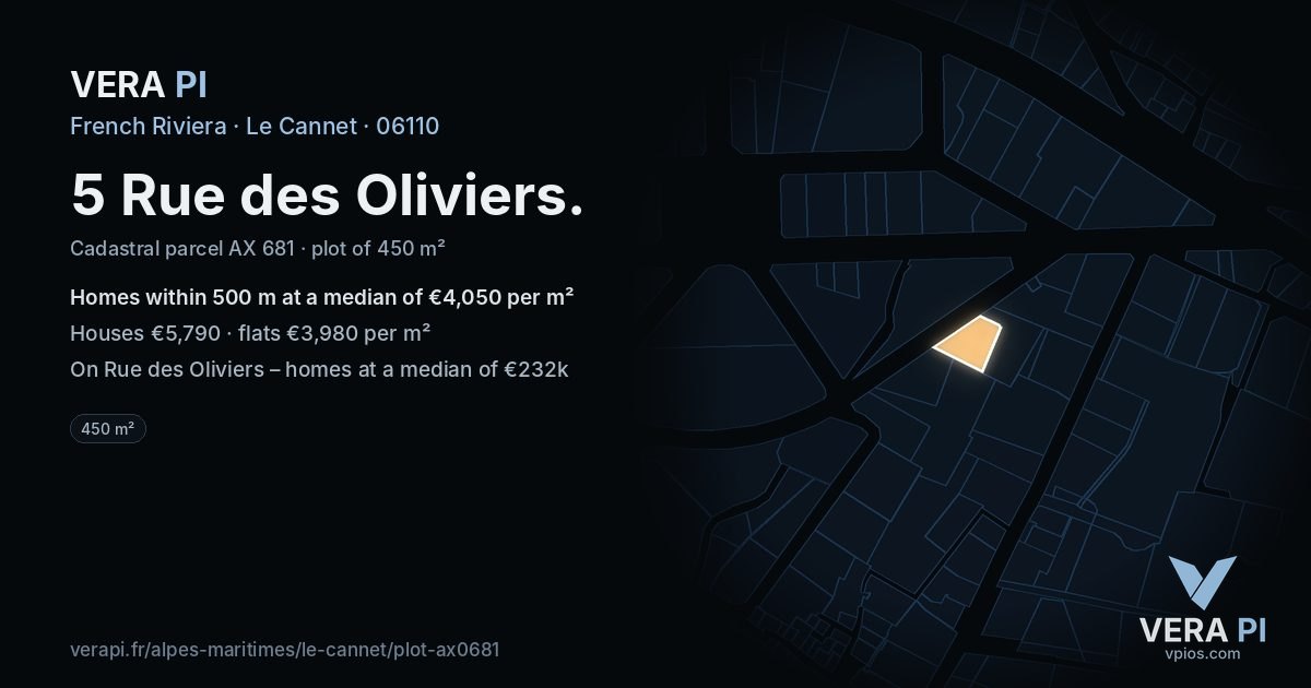 5 Rue des Oliviers, Le Cannet at night – the plot lit, the parcels around coloured by the prices near them