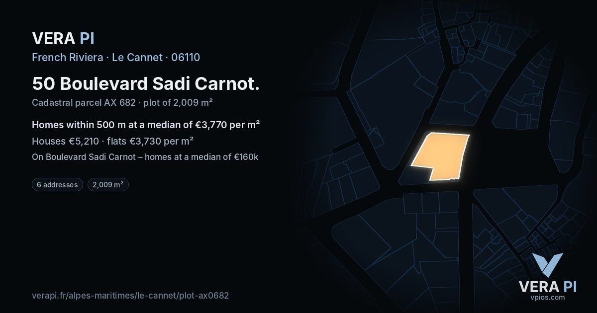 50 Boulevard Sadi Carnot, Le Cannet at night – the plot lit, the parcels around coloured by the prices near them