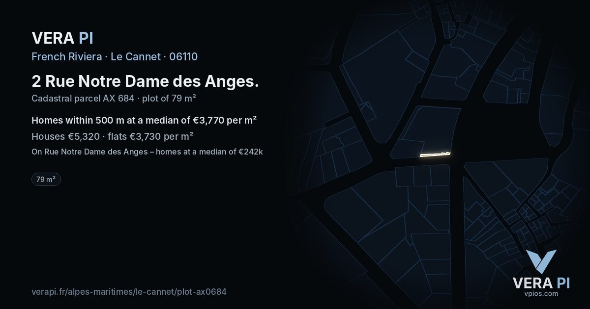 2 Rue Notre Dame des Anges, Le Cannet at night – the plot lit, the parcels around coloured by the prices near them