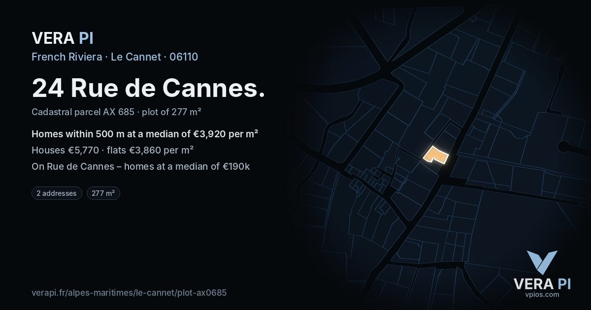 24 Rue de Cannes, Le Cannet at night – the plot lit, the parcels around coloured by the prices near them