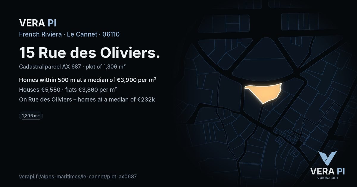 15 Rue des Oliviers, Le Cannet at night – the plot lit, the parcels around coloured by the prices near them