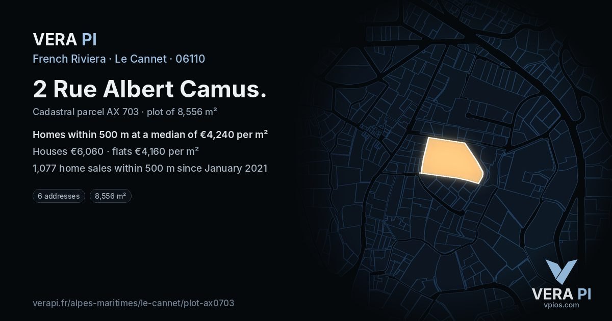 2 Rue Albert Camus, Le Cannet at night – the plot lit, the parcels around coloured by the prices near them
