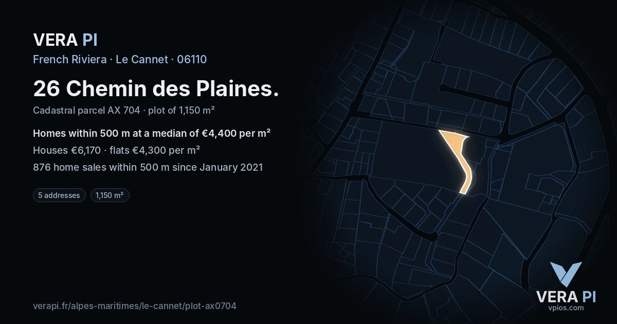 26 Chemin des Plaines, Le Cannet at night – the plot lit, the parcels around coloured by the prices near them