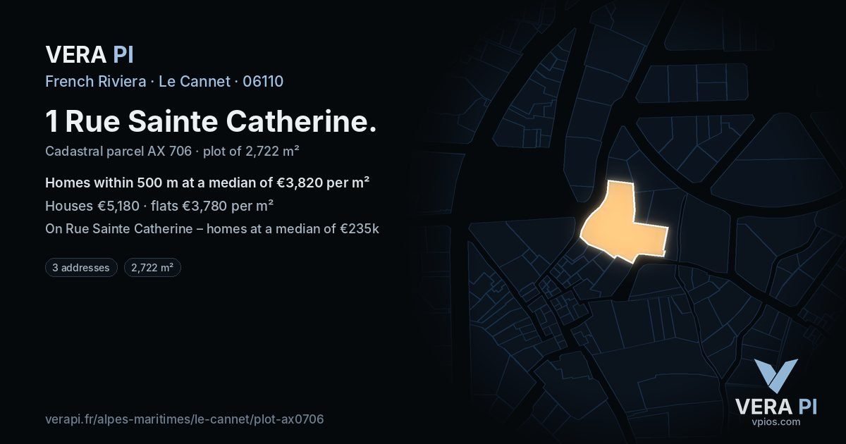 1 Rue Sainte Catherine, Le Cannet at night – the plot lit, the parcels around coloured by the prices near them