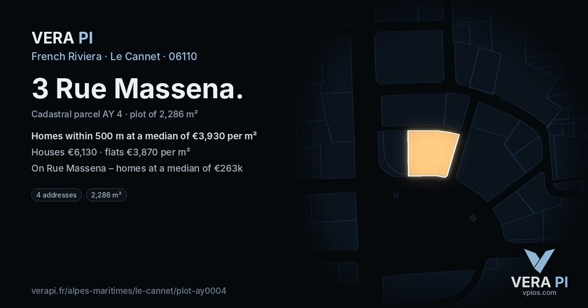 3 Rue Massena, Le Cannet at night – the plot lit, the parcels around coloured by the prices near them