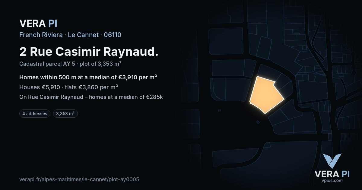 2 Rue Casimir Raynaud, Le Cannet at night – the plot lit, the parcels around coloured by the prices near them