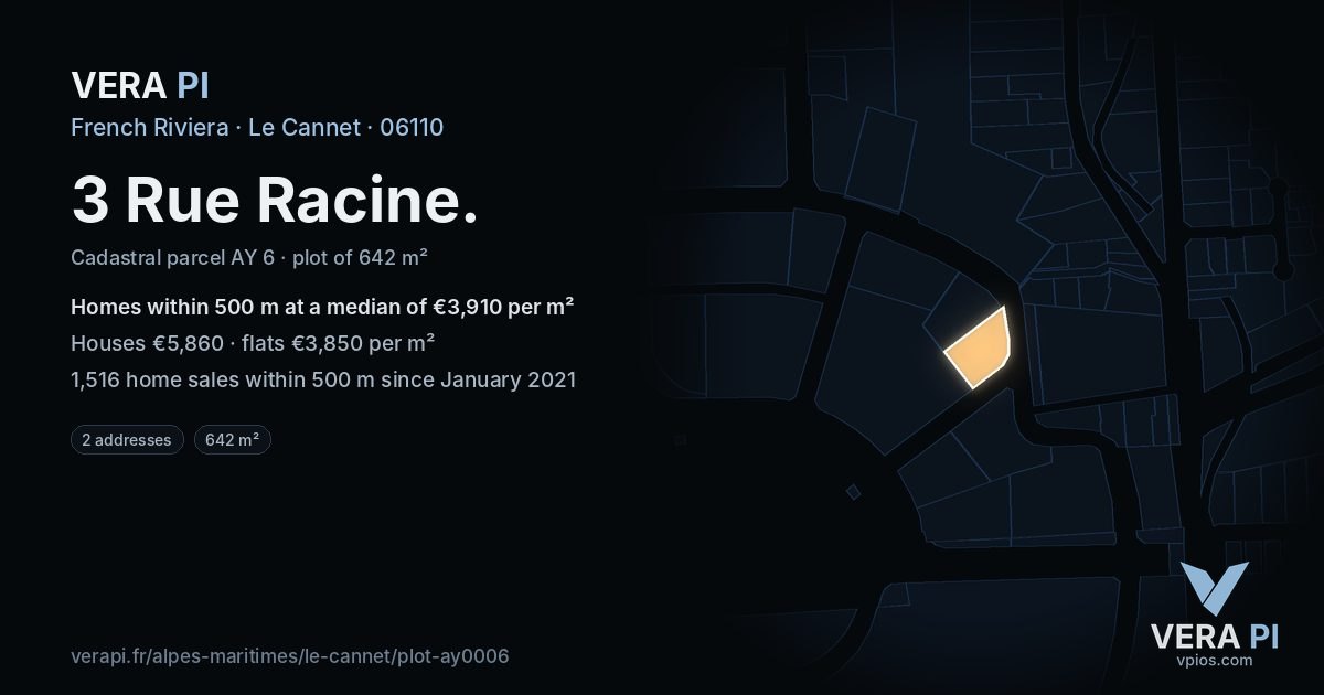3 Rue Racine, Le Cannet at night – the plot lit, the parcels around coloured by the prices near them