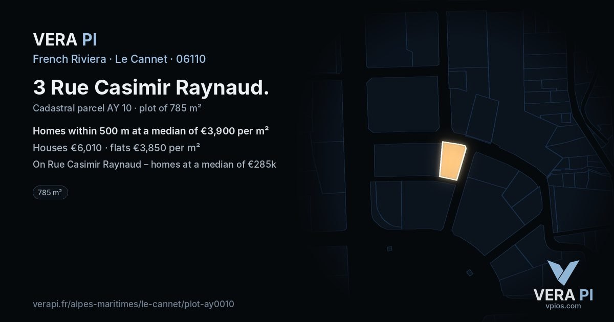 3 Rue Casimir Raynaud, Le Cannet at night – the plot lit, the parcels around coloured by the prices near them