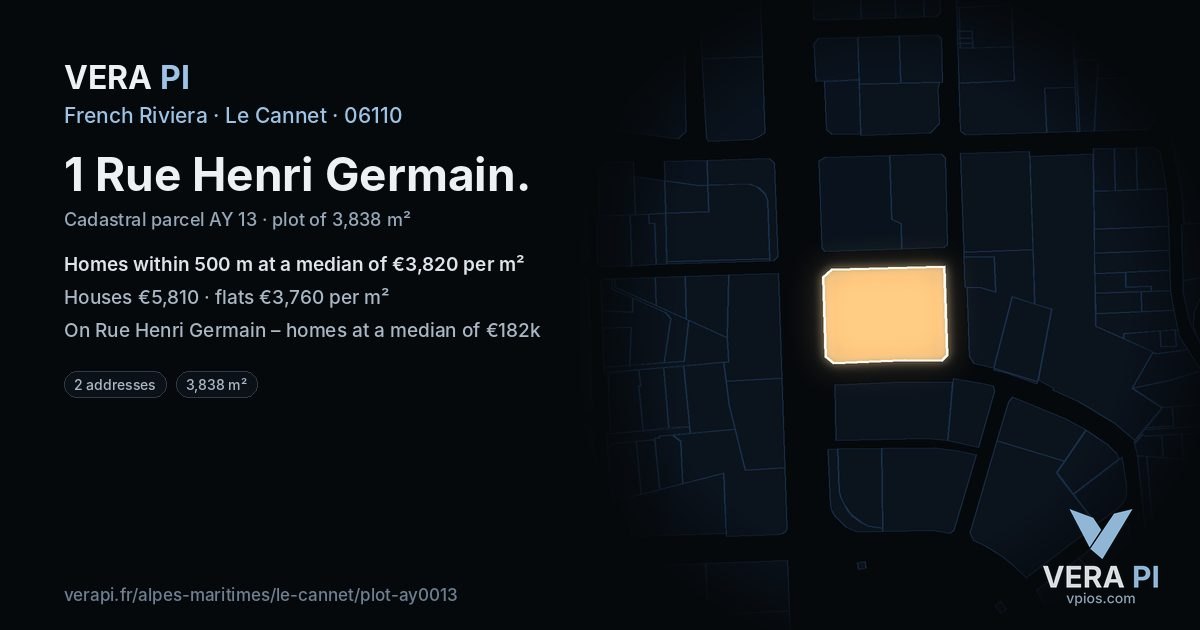 1 Rue Henri Germain, Le Cannet at night – the plot lit, the parcels around coloured by the prices near them