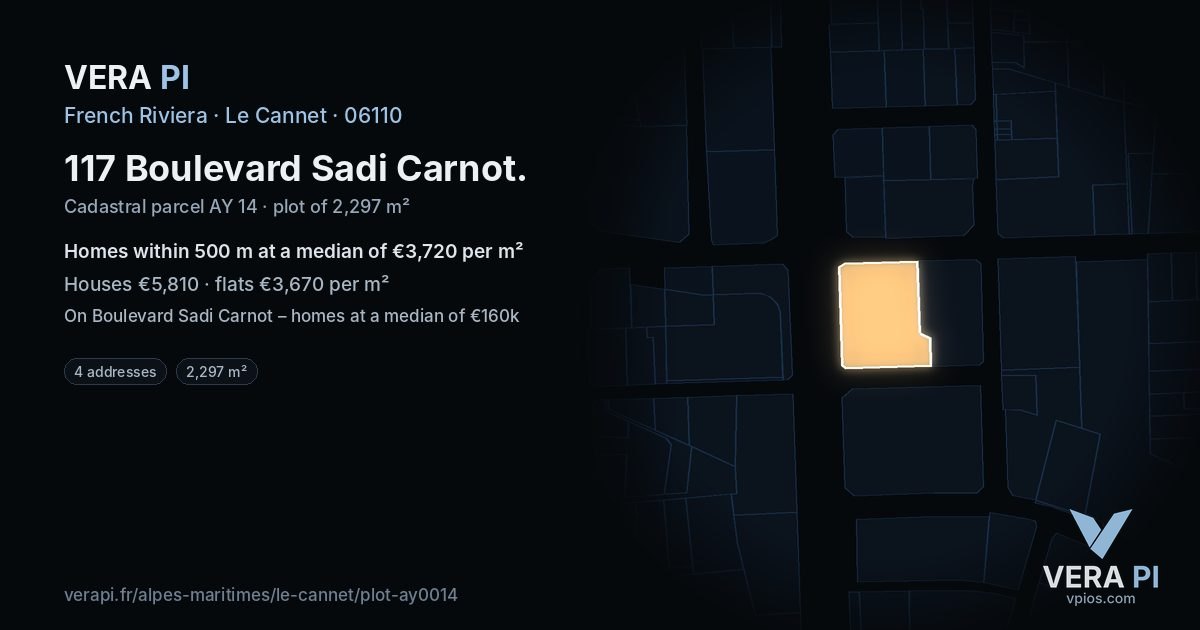 117 Boulevard Sadi Carnot, Le Cannet at night – the plot lit, the parcels around coloured by the prices near them