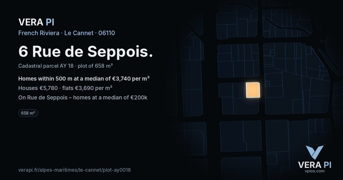 6 Rue de Seppois, Le Cannet at night – the plot lit, the parcels around coloured by the prices near them