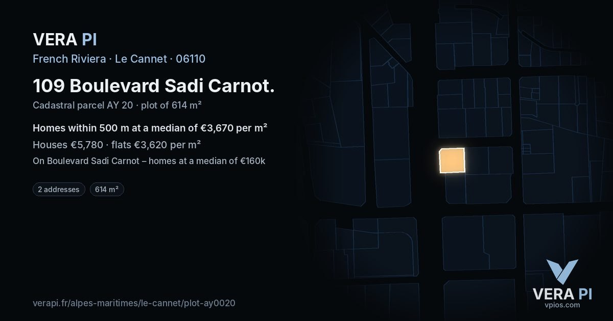 109 Boulevard Sadi Carnot, Le Cannet at night – the plot lit, the parcels around coloured by the prices near them