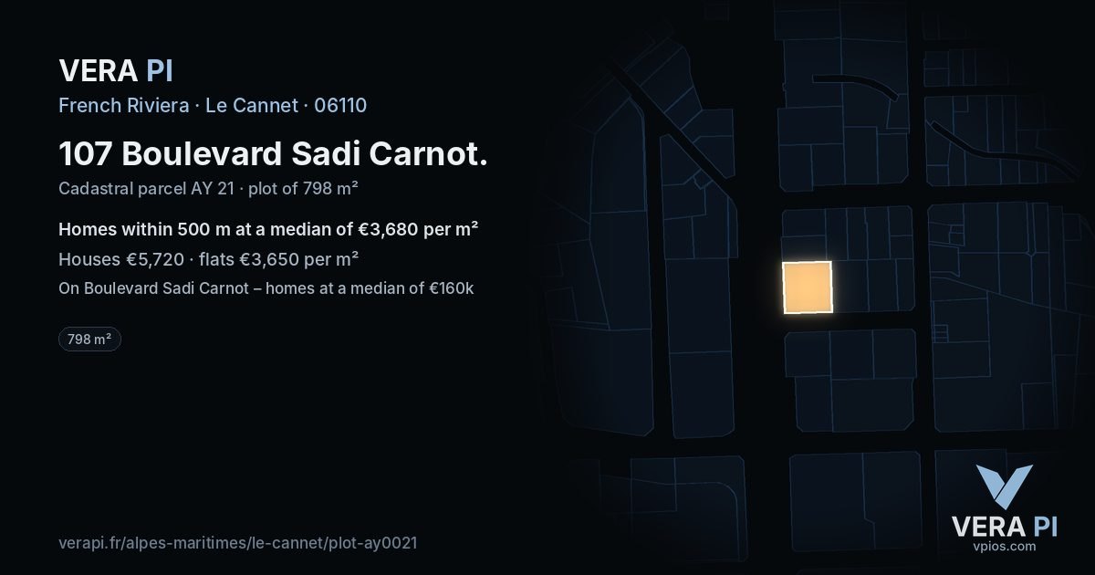 107 Boulevard Sadi Carnot, Le Cannet at night – the plot lit, the parcels around coloured by the prices near them